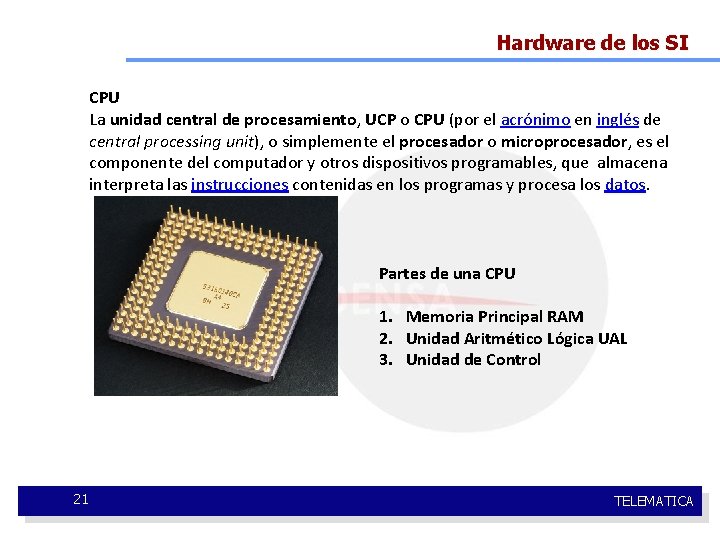 Hardware de los SI CPU La unidad central de procesamiento, UCP o CPU (por