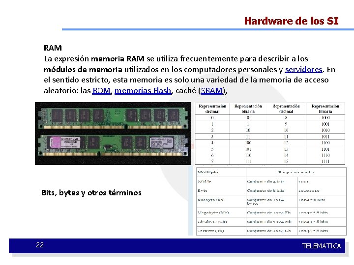 Hardware de los SI RAM La expresión memoria RAM se utiliza frecuentemente para describir