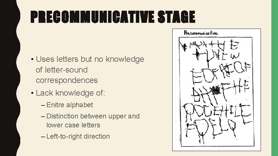 PRECOMMUNICATIVE STAGE • Uses letters but no knowledge of letter-sound correspondences • Lack knowledge