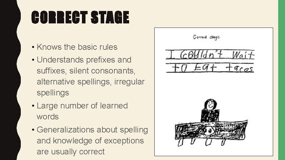 CORRECT STAGE • Knows the basic rules • Understands prefixes and suffixes, silent consonants,