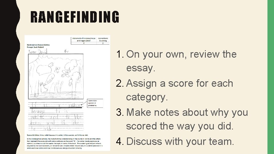 RANGEFINDING 1. On your own, review the essay. 2. Assign a score for each
