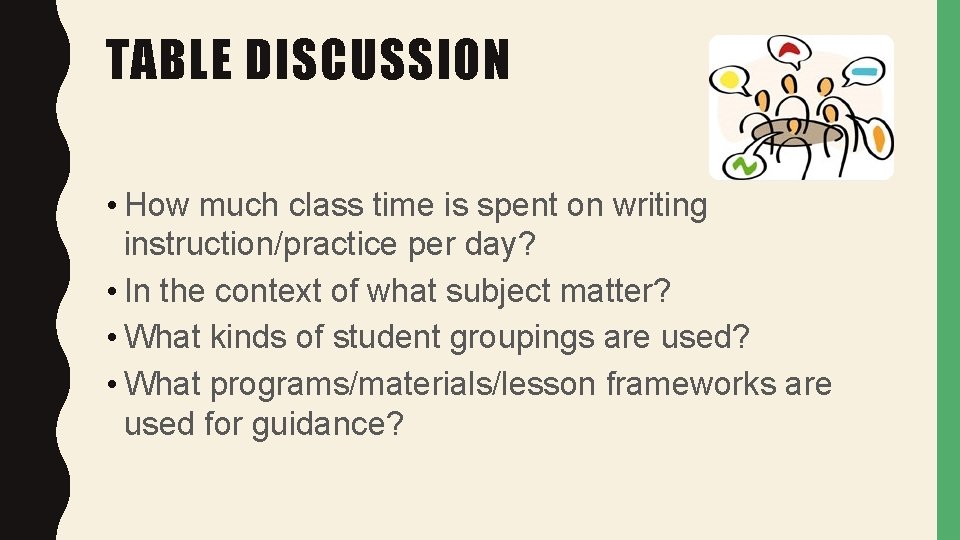 TABLE DISCUSSION • How much class time is spent on writing instruction/practice per day?