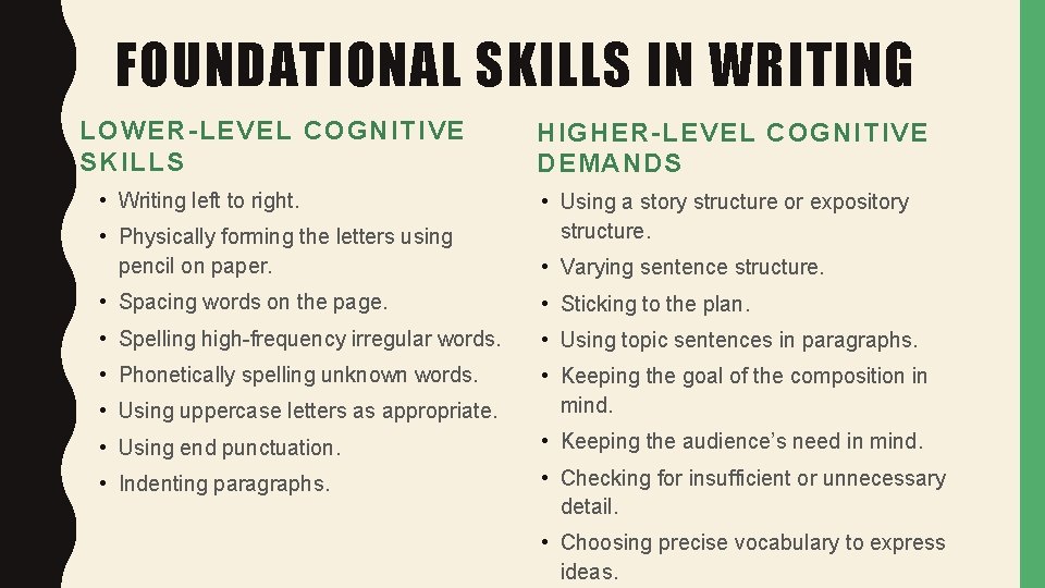 FOUNDATIONAL SKILLS IN WRITING LOWER-LEVEL COGNITIVE SKILLS • Writing left to right. • Physically