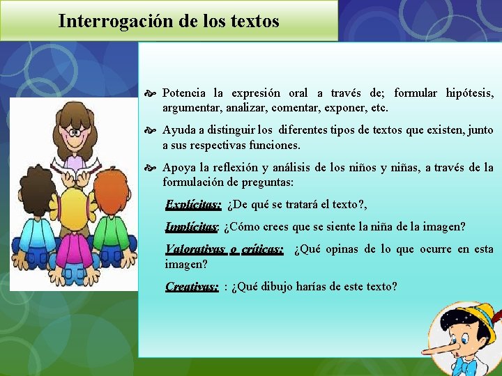 Interrogación de los textos Potencia la expresión oral a través de; formular hipótesis, argumentar,