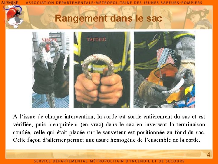 Rangement dans le sac A l’issue de chaque intervention, la corde est sortie entièrement