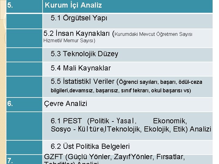 5. Kurum İçi Analiz 5. 1 Örgütsel Yapı 5. 2 İnsan Kaynakları (Kurumdaki Mevcut