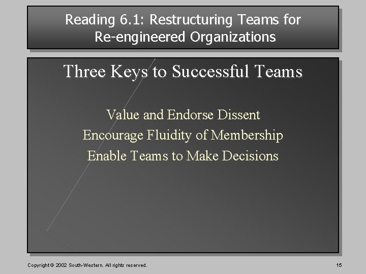 Reading 6. 1: Restructuring Teams for Re-engineered Organizations Three Keys to Successful Teams Value