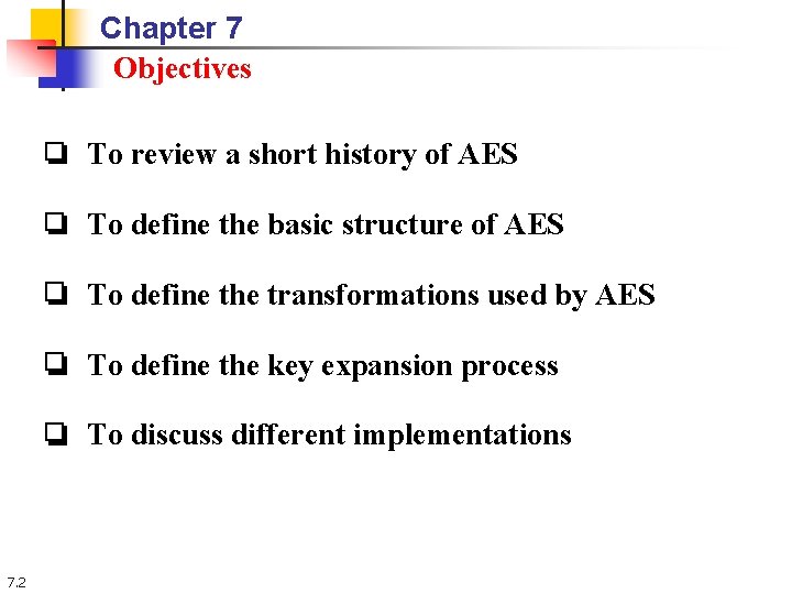 Chapter 7 Objectives ❏ To review a short history of AES ❏ To define Chapter 7 Objectives ❏ To review a short history of AES ❏ To define