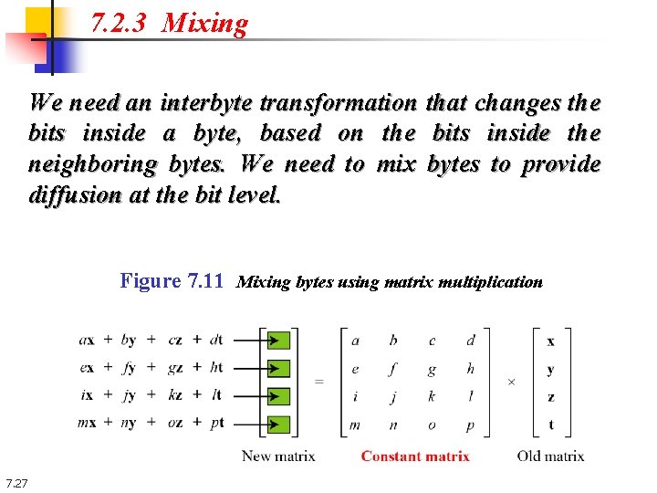 7. 2. 3 Mixing We need an interbyte transformation that changes the bits inside 7. 2. 3 Mixing We need an interbyte transformation that changes the bits inside