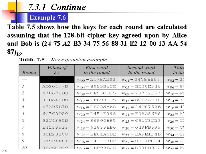 7. 3. 1 Continue Example 7. 6 Table 7. 5 shows how the keys 7. 3. 1 Continue Example 7. 6 Table 7. 5 shows how the keys