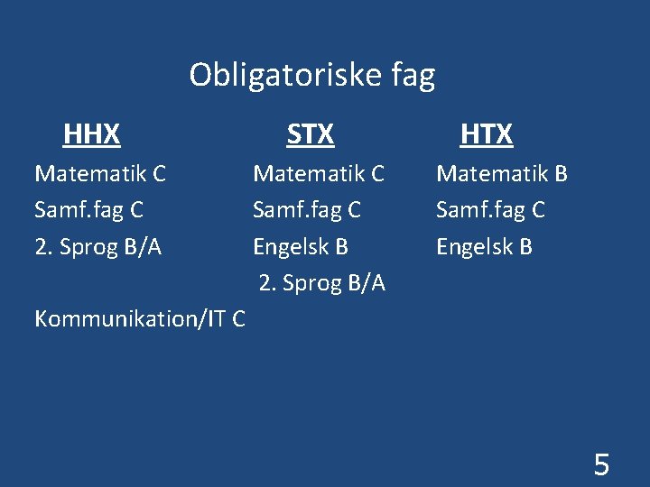 Obligatoriske fag HHX Matematik C Samf. fag C 2. Sprog B/A STX Matematik C