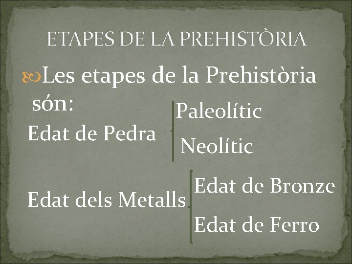  Les etapes de la Prehistòria són: Edat de Pedra Paleolític Neolític Edat dels