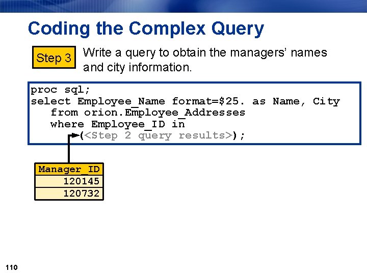 Coding the Complex Query Step 3 Write a query to obtain the managers’ names