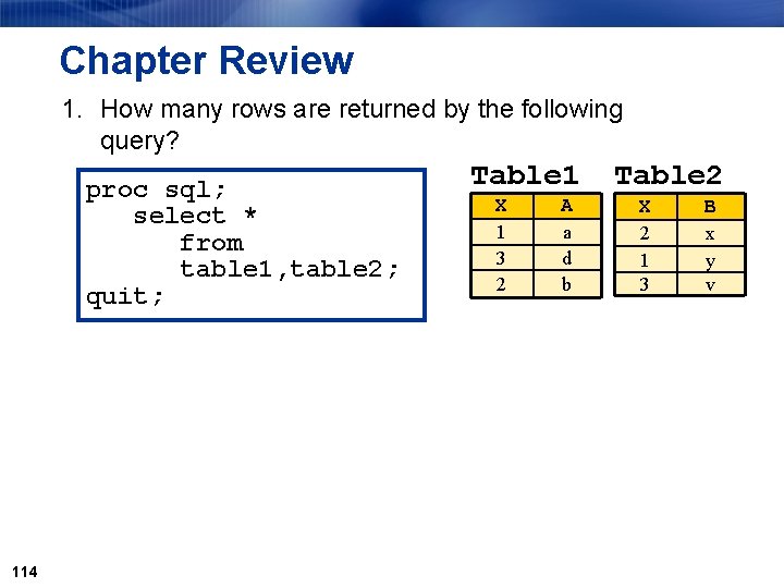 Chapter Review 1. How many rows are returned by the following query? proc sql;