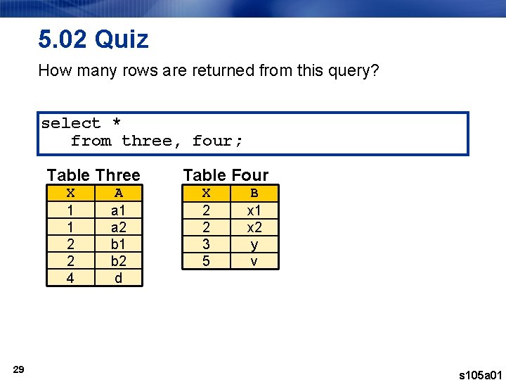 5. 02 Quiz How many rows are returned from this query? select * from