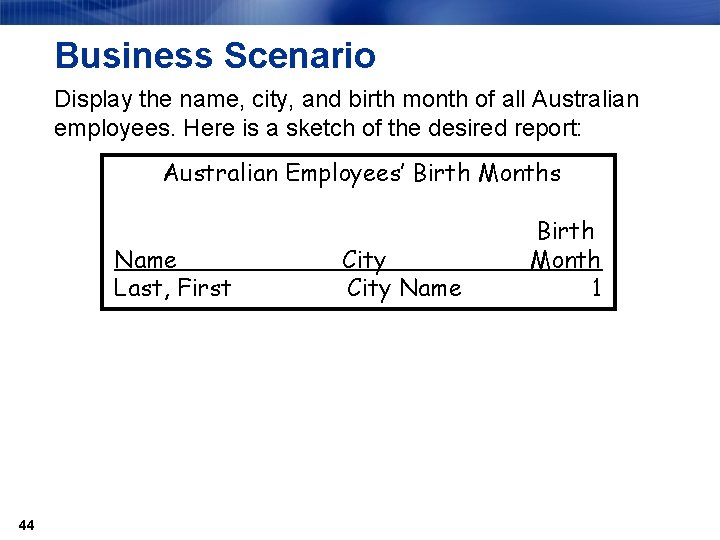 Business Scenario Display the name, city, and birth month of all Australian employees. Here