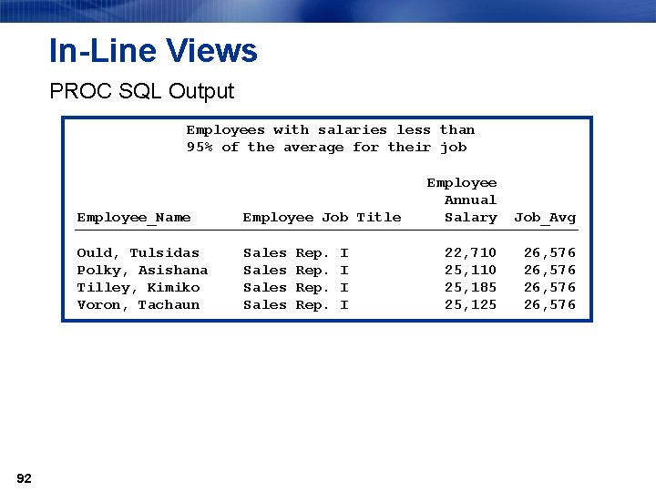 In-Line Views PROC SQL Output Employees with salaries less than 95% of the average