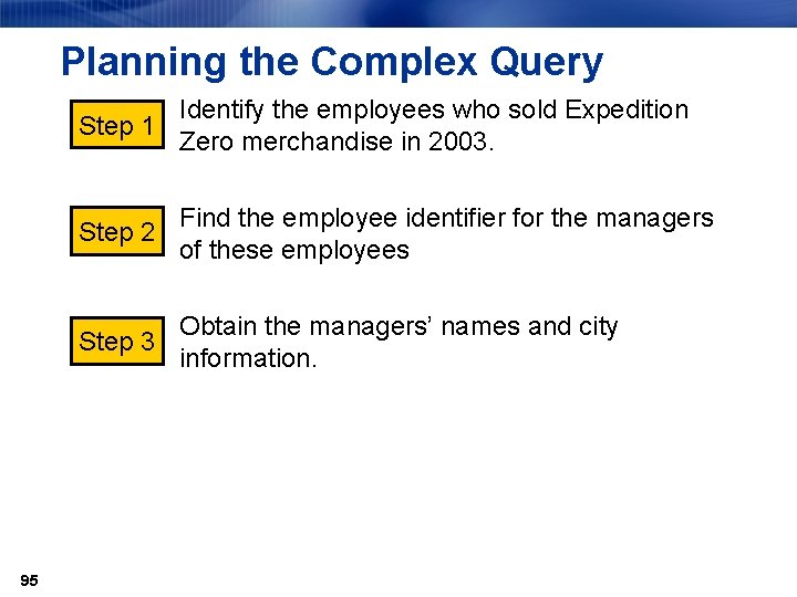 Planning the Complex Query Identify the employees who sold Expedition Step 1 Zero merchandise