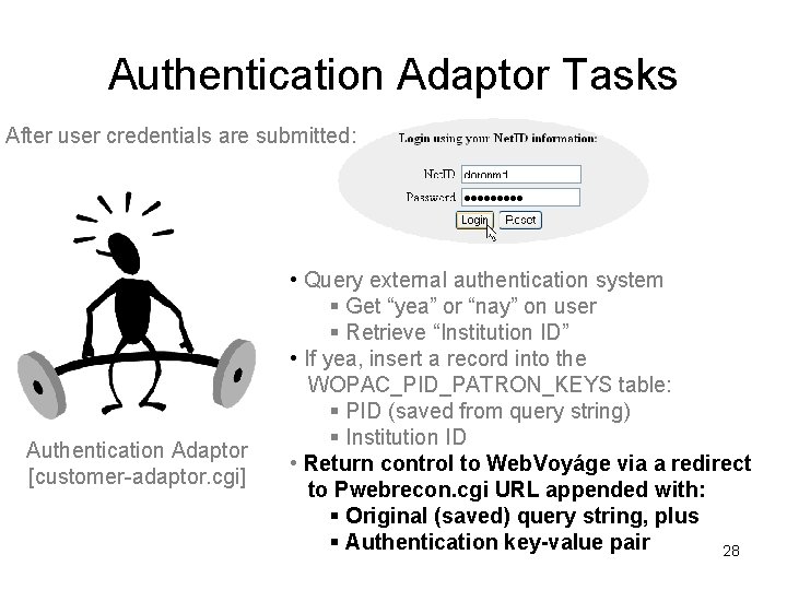 Authentication Adaptor Tasks After user credentials are submitted: Authentication Adaptor [customer-adaptor. cgi] • Query