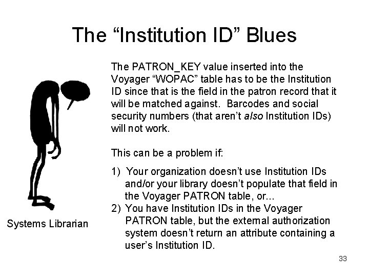 The “Institution ID” Blues The PATRON_KEY value inserted into the Voyager “WOPAC” table has The “Institution ID” Blues The PATRON_KEY value inserted into the Voyager “WOPAC” table has
