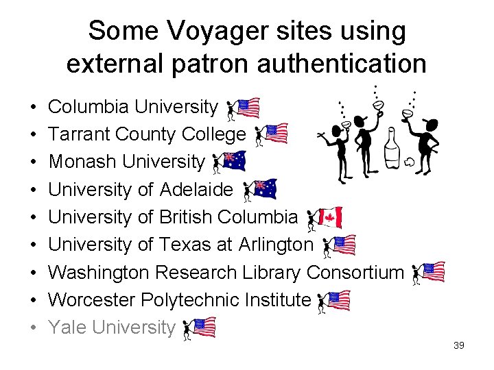 Some Voyager sites using external patron authentication • • • Columbia University Tarrant County Some Voyager sites using external patron authentication • • • Columbia University Tarrant County