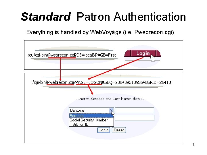 Standard Patron Authentication Everything is handled by Web. Voyáge (i. e. Pwebrecon. cgi) 7 Standard Patron Authentication Everything is handled by Web. Voyáge (i. e. Pwebrecon. cgi) 7