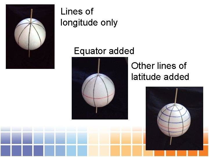 Lines of longitude only Equator added Other lines of latitude added 