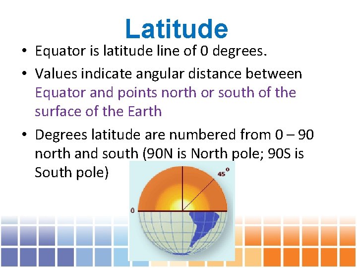 Latitude • Equator is latitude line of 0 degrees. • Values indicate angular distance