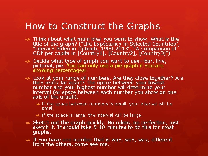 How to Construct the Graphs Think about what main idea you want to show.