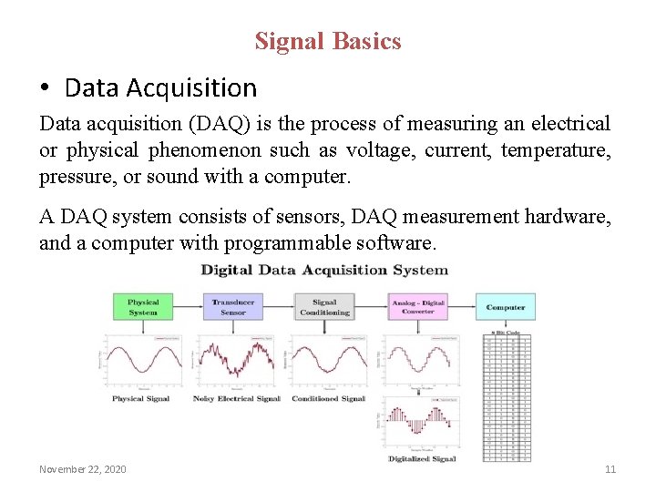 Signal Basics • Data Acquisition Data acquisition (DAQ) is the process of measuring an