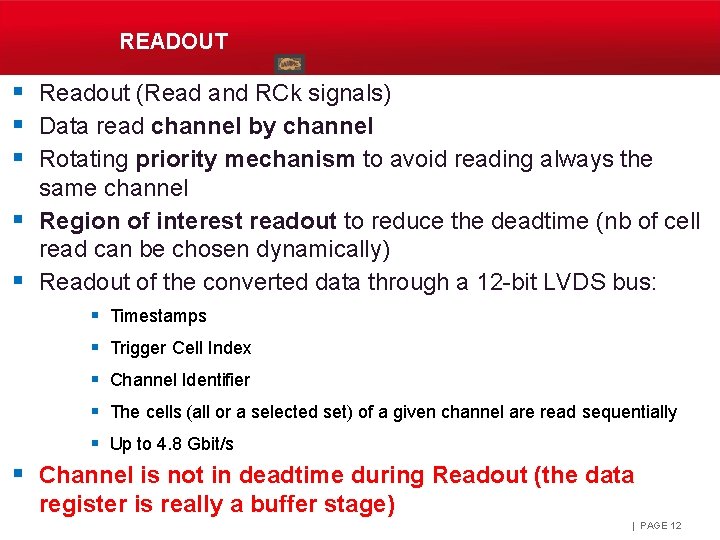 READOUT § Readout (Read and RCk signals) § Data read channel by channel §