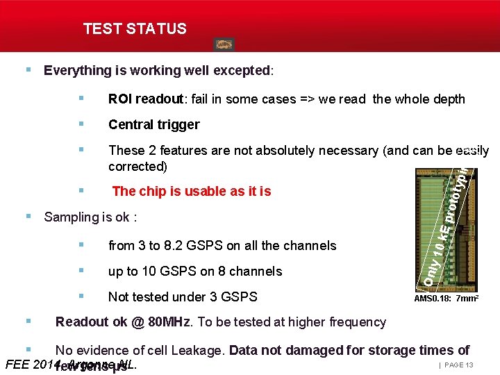 TEST STATUS § Everything is working well excepted: ROI readout: fail in some cases