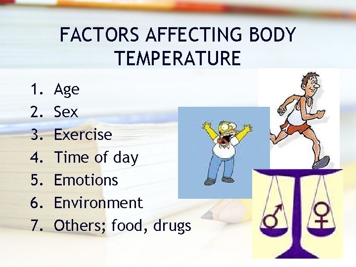 FACTORS AFFECTING BODY TEMPERATURE 1. 2. 3. 4. 5. 6. 7. Age Sex Exercise