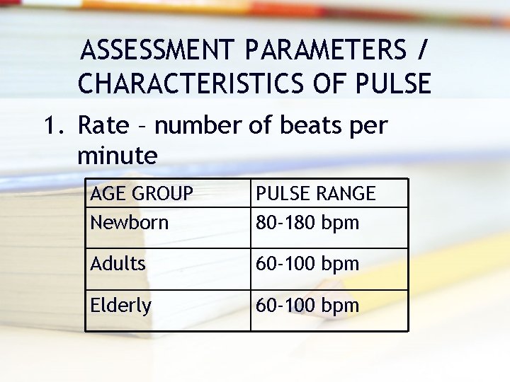 ASSESSMENT PARAMETERS / CHARACTERISTICS OF PULSE 1. Rate – number of beats per minute