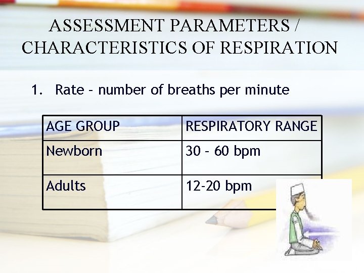 ASSESSMENT PARAMETERS / CHARACTERISTICS OF RESPIRATION 1. Rate – number of breaths per minute