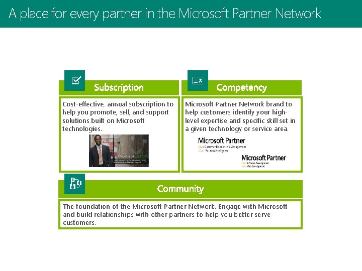 A place for every partner in the Microsoft Partner Network Cost-effective, annual subscription to