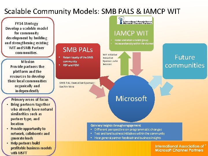 Scalable Community Models: SMB PALS & IAMCP WIT FY 14 Strategy Develop a scalable