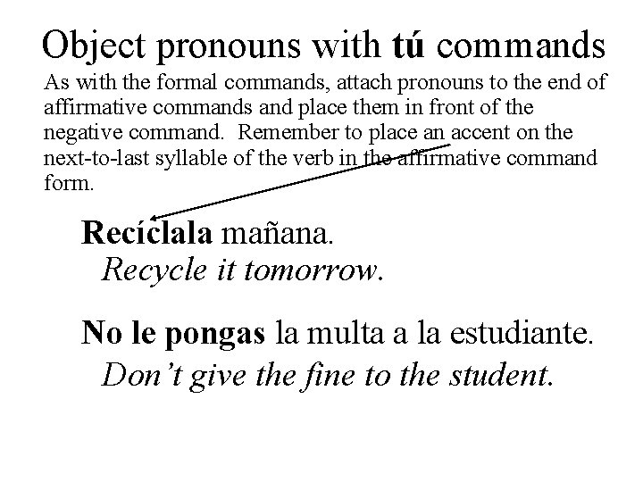 Object pronouns with tú commands As with the formal commands, attach pronouns to the