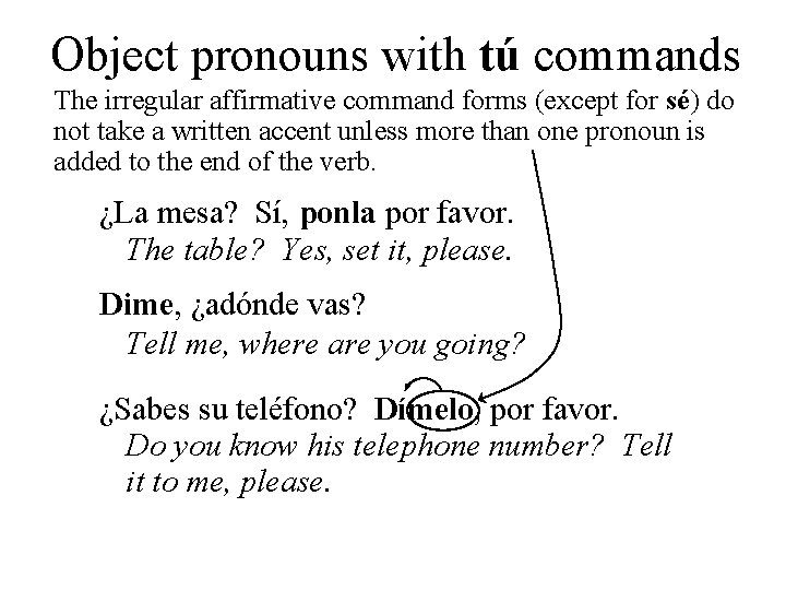 Object pronouns with tú commands The irregular affirmative command forms (except for sé) do