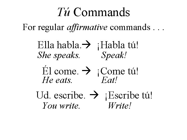 Tú Commands For regular affirmative commands. . . Ella habla. ¡Habla tú! She speaks.