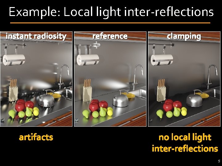 Example: Local light inter-reflections instant radiosity artifacts reference clamping no local light inter-reflections 5