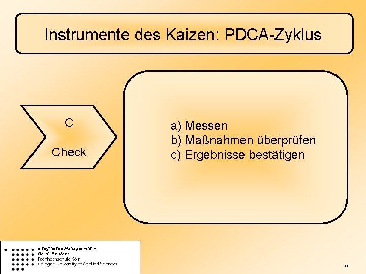 Instrumente des Kaizen: PDCA-Zyklus C Check a) Messen b) Maßnahmen überprüfen c) Ergebnisse bestätigen