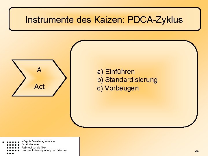 Instrumente des Kaizen: PDCA-Zyklus A Act a) Einführen b) Standardisierung c) Vorbeugen Integriertes Management