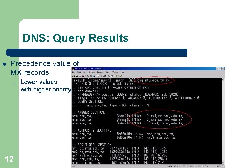 DNS: Query Results l Precedence value of MX records – 12 Lower values with DNS: Query Results l Precedence value of MX records – 12 Lower values with