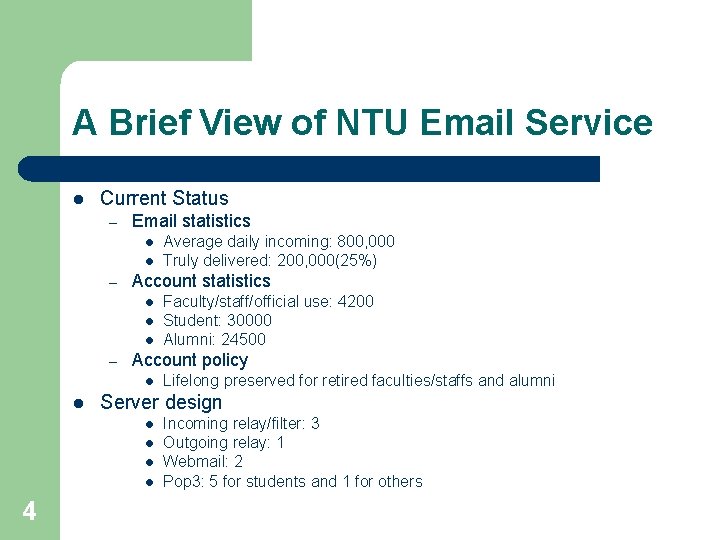 A Brief View of NTU Email Service l Current Status – Email statistics l A Brief View of NTU Email Service l Current Status – Email statistics l