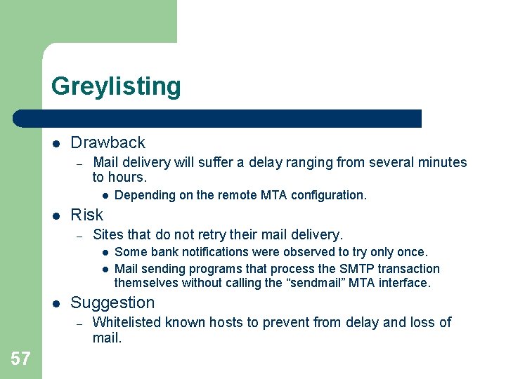 Greylisting l Drawback – Mail delivery will suffer a delay ranging from several minutes Greylisting l Drawback – Mail delivery will suffer a delay ranging from several minutes