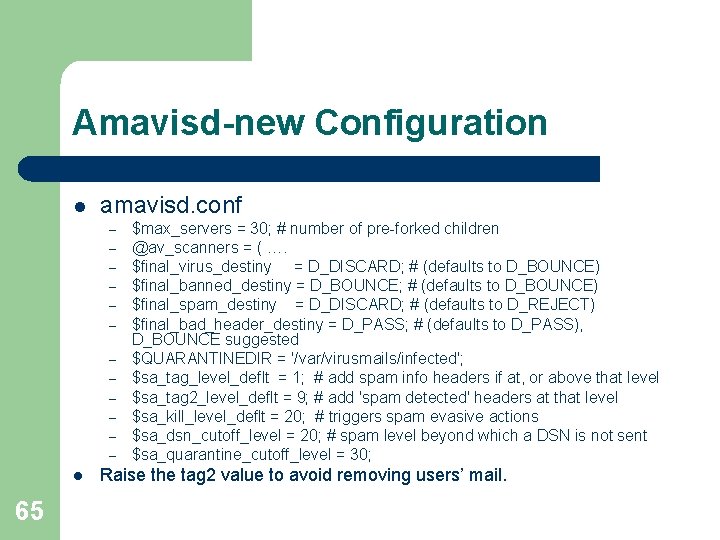Amavisd-new Configuration l amavisd. conf – – – l 65 $max_servers = 30; # Amavisd-new Configuration l amavisd. conf – – – l 65 $max_servers = 30; #
