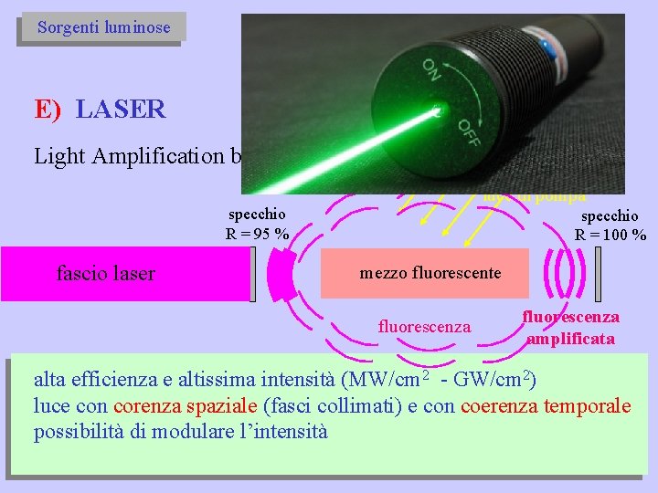 Sorgenti luminose E) LASER Light Amplification by Stimulated Emission of Radiation luce di pompa