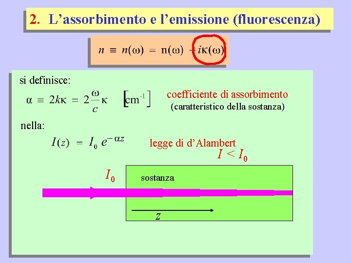 2. L’assorbimento e l’emissione (fluorescenza) si definisce: coefficiente di assorbimento (caratteristico della sostanza) nella: