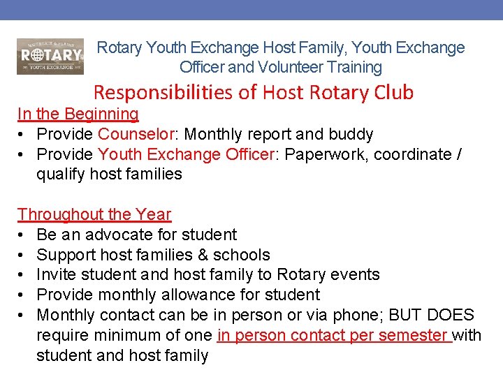 Rotary Youth Exchange Host Family, Youth Exchange Officer and Volunteer Training Responsibilities of Host